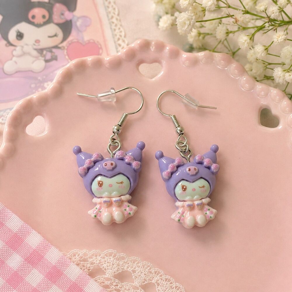 Purple Kawaii Jester Kitty Earrings, Pink Bow Dangle Earrings, Pastel Goth Y2K